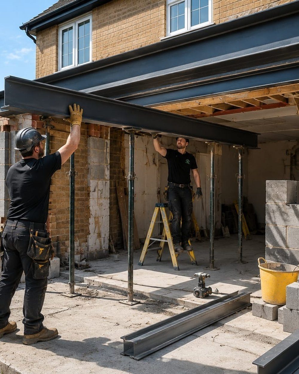Builders installing a steel beam for a house extension in Lancashire
