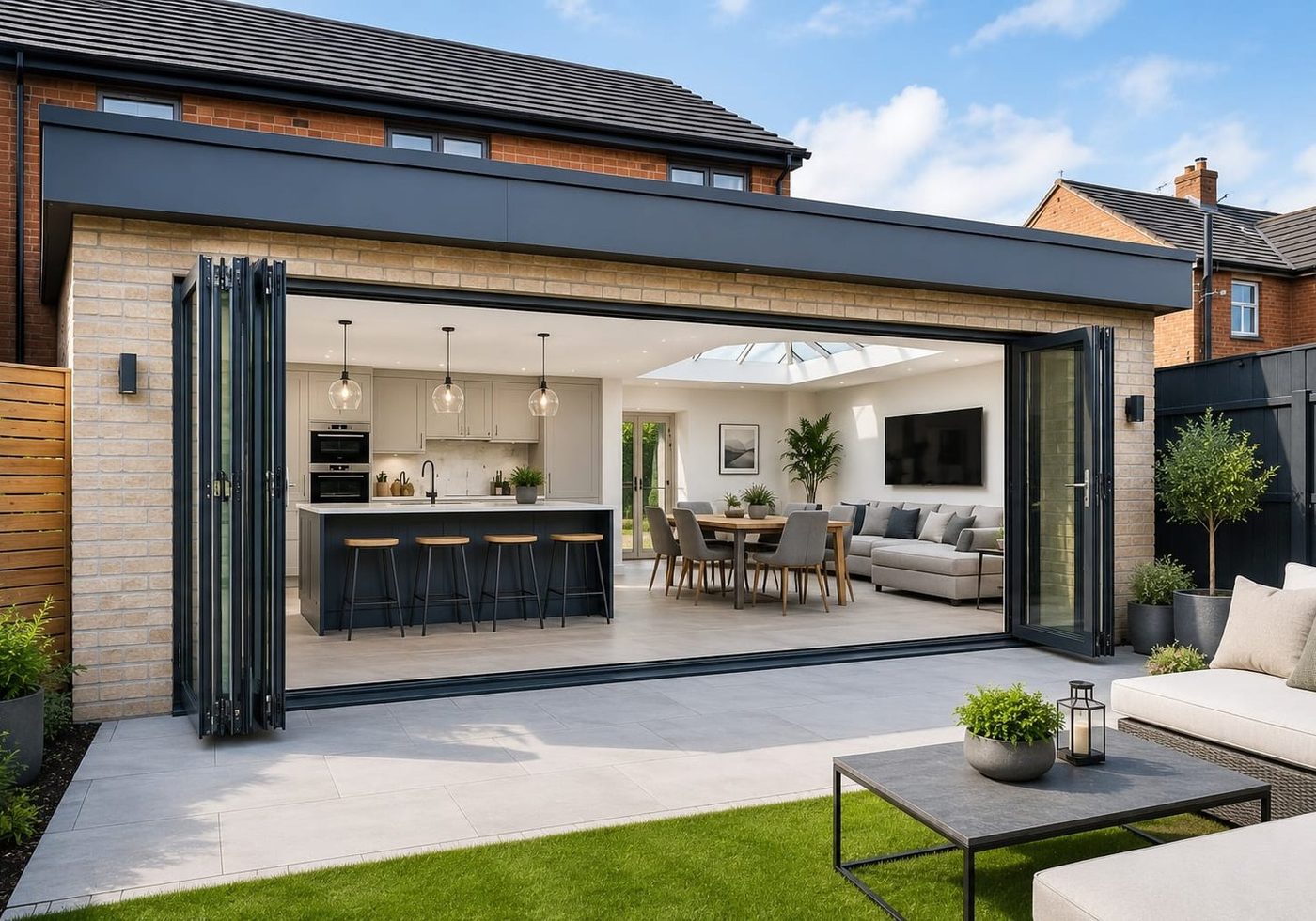 Completed single-storey rear house extension with bi-fold doors by Full Circle Property Solutions, Lancashire